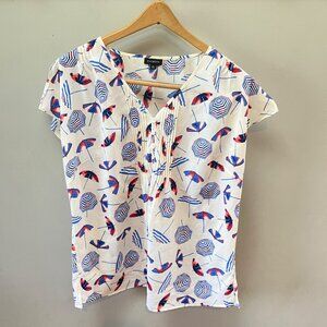 Talbots Womens M White Beach Umbrella Print Blouse W/ Pintuck Button Detail & Sh